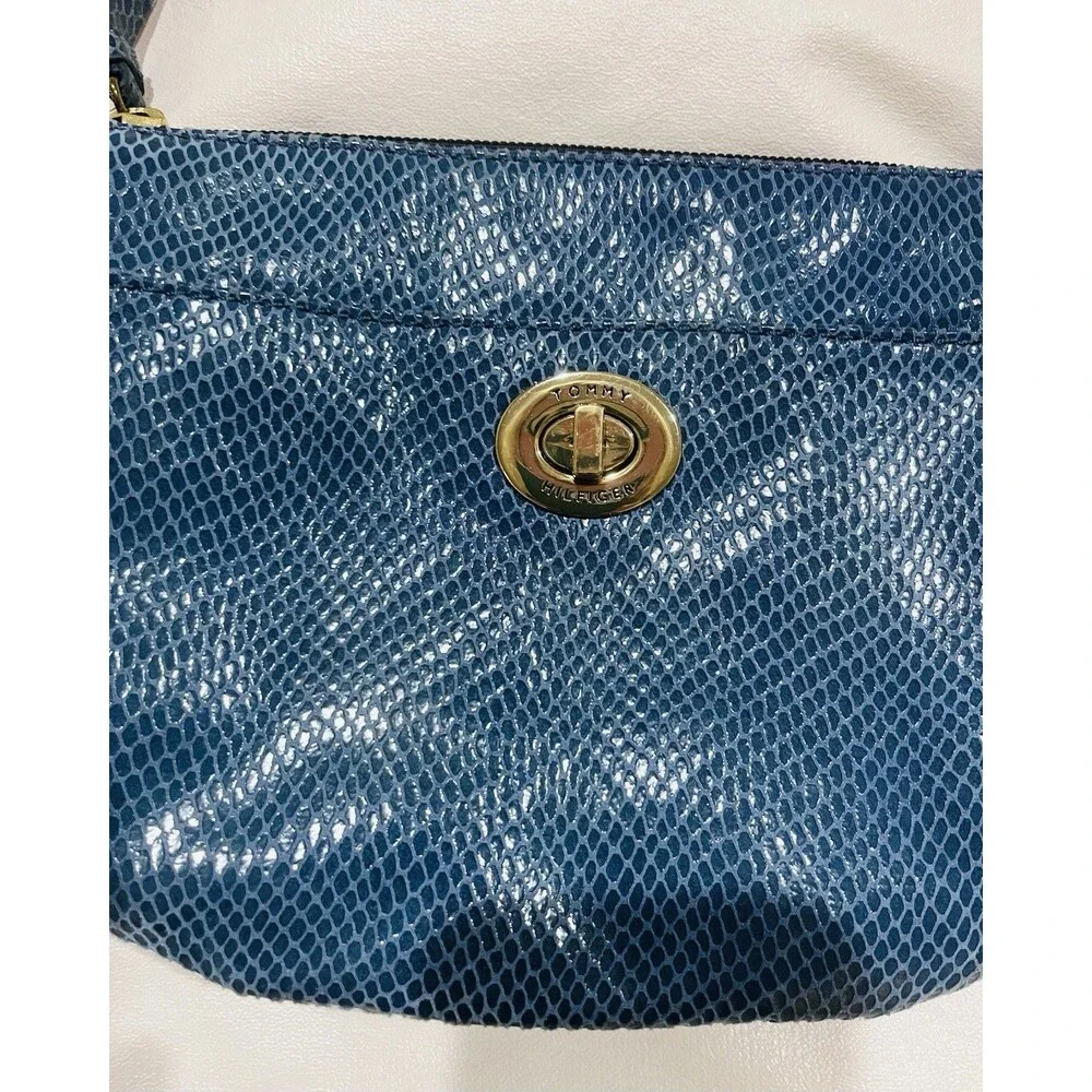 Vintage 80s Faux Snakeskin Tommy Hilfiger Crossbody Bag Blue Gold 9.5 In Tassel